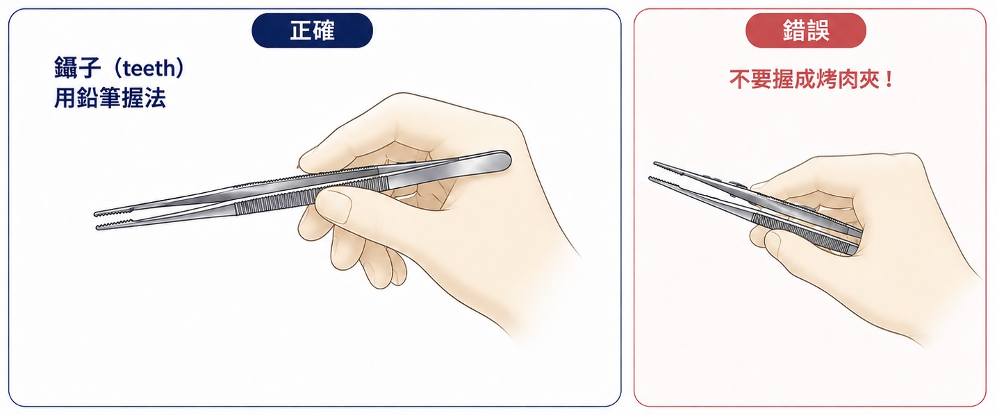有齒鑷正確與錯誤握法